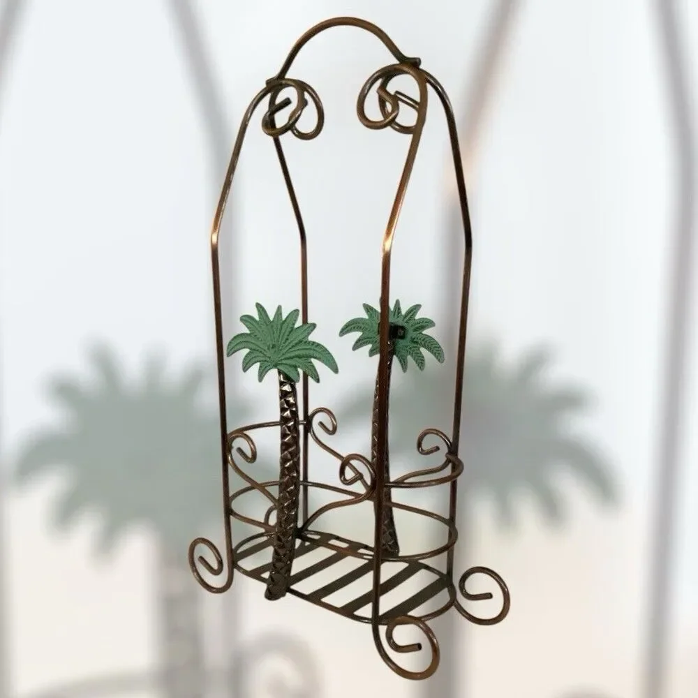 Palm Tree Wine Caddy Copper Metal 2 Bottle Or Plant Holder Tropical Decor